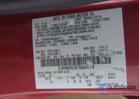 2007 Lincoln Mkz from USA, damaged, VIN 3LNHM26T07R664714